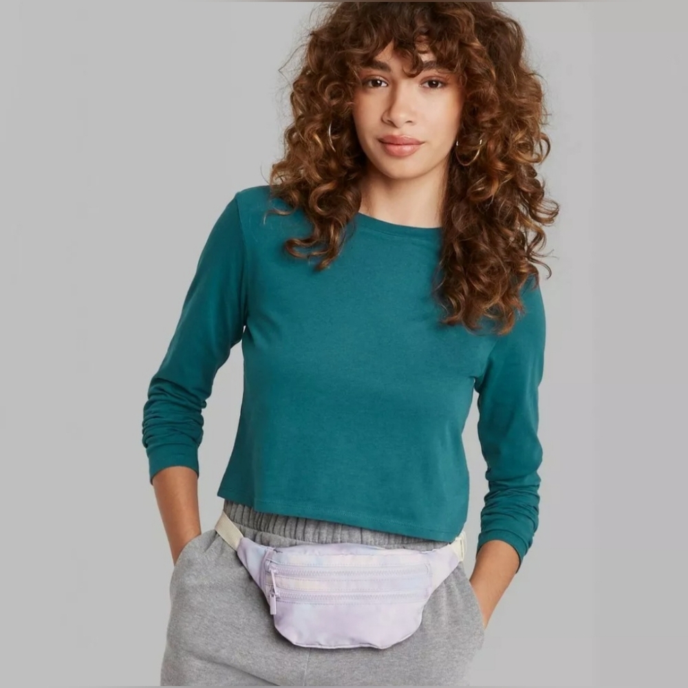NWT Women's Wild Fable Long Sleeve Cropped Tee, Botanical Blue Teal, Size Large